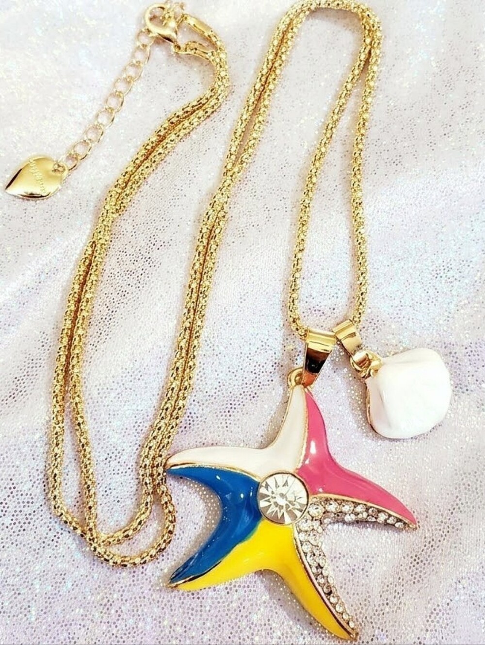 Gold Plated Pink blue yellow white crystal seashell Charm starfish necklace